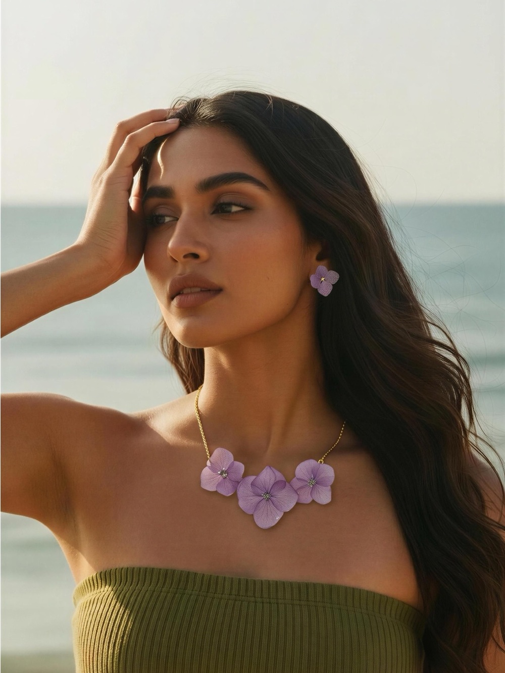 Lavender Floral Statement Necklace and Earrings Set - Women Jewelry